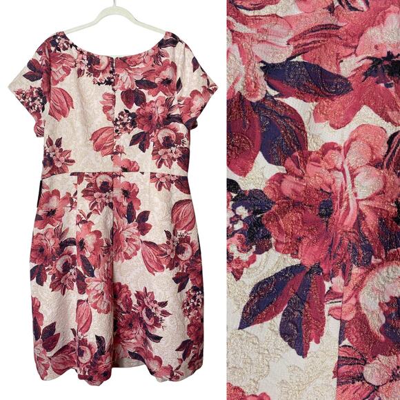 ADRIANNA PAPELL DRESS 20W COCKTAIL FLORAL JACQUARD EVENING GOLD RED NUDE SHORT - Picture 2 of 15